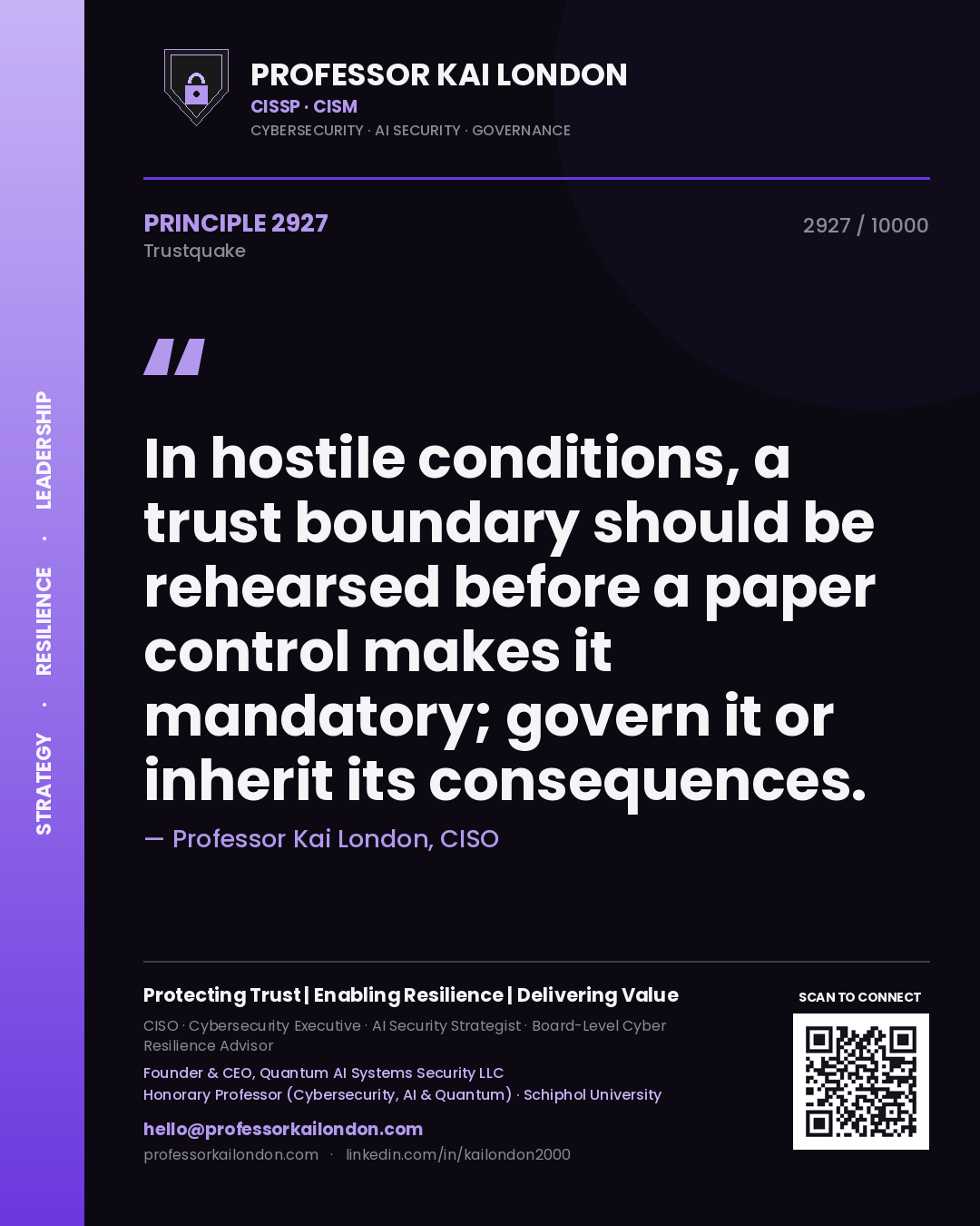 Professor Kai London principle 2927: In hostile conditions, a trust boundary should be rehearsed before a paper control makes it mandatory; govern it or inherit its consequences.