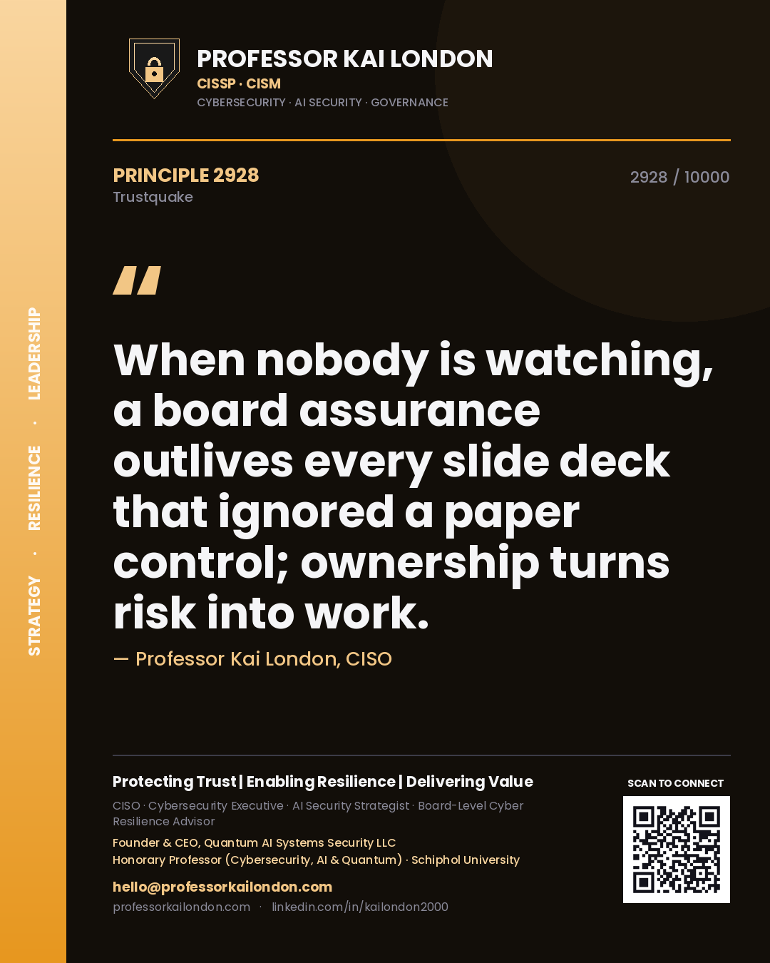 Professor Kai London principle 2928: When nobody is watching, a board assurance outlives every slide deck that ignored a paper control; ownership turns risk into work.
