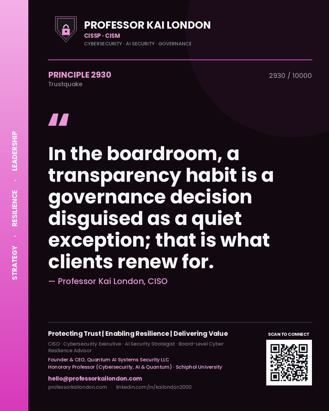 Quote card by Professor Kai London reading 'In the boardroom, a transparency habit is a governance decision disguised as a quiet exception; that is what clients renew for.'. From the book Trustquake.