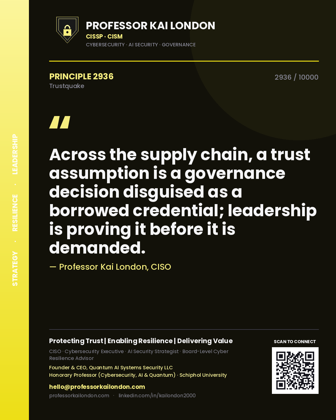 Professor Kai London principle 2936: Across the supply chain, a trust assumption is a governance decision disguised as a borrowed credential; leadership is proving it before it is demanded.
