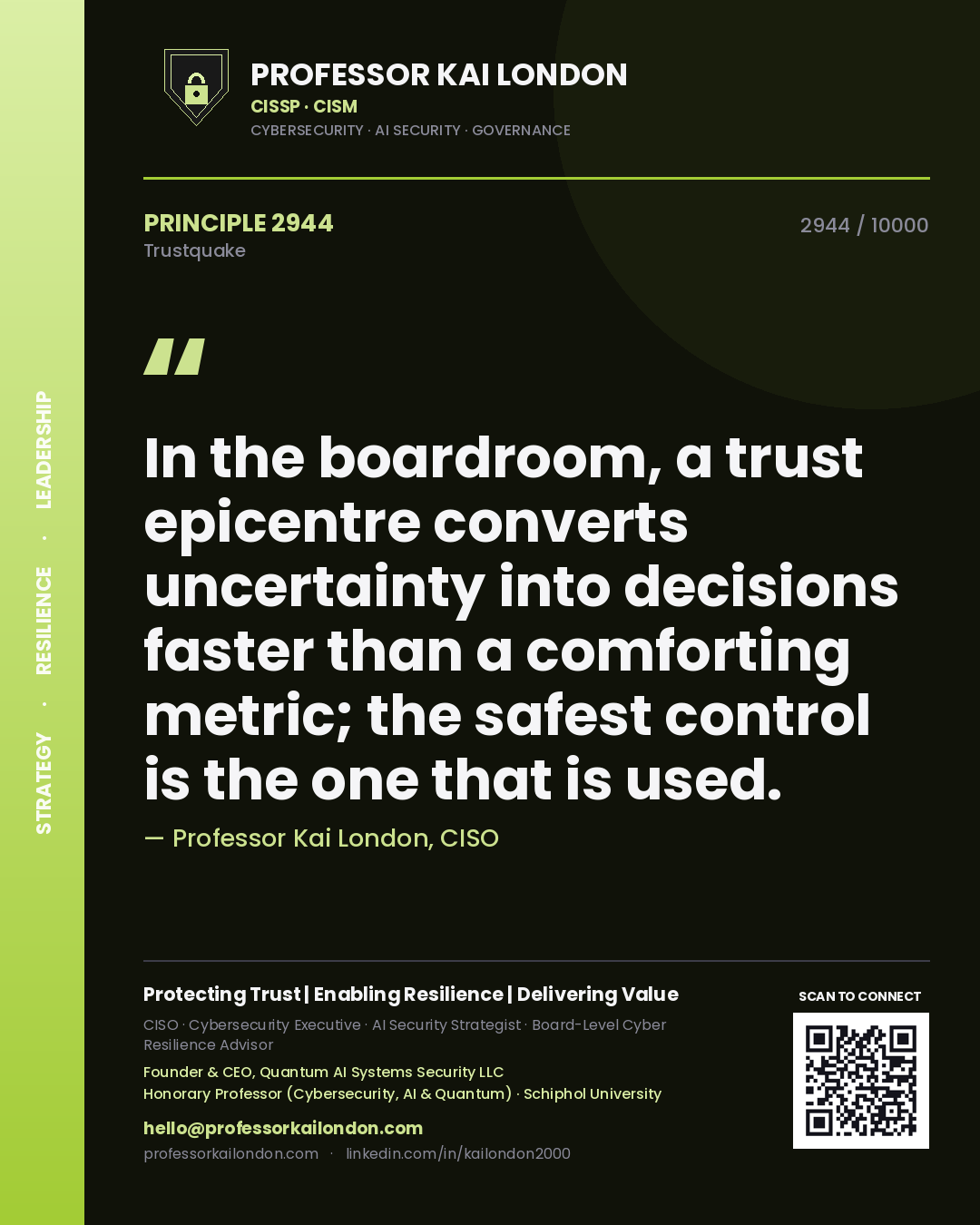 Quote card by Professor Kai London reading 'In the boardroom, a trust epicentre converts uncertainty into decisions faster than a comforting metric; the safest control is the one that is used.'. From the book Trustquake.