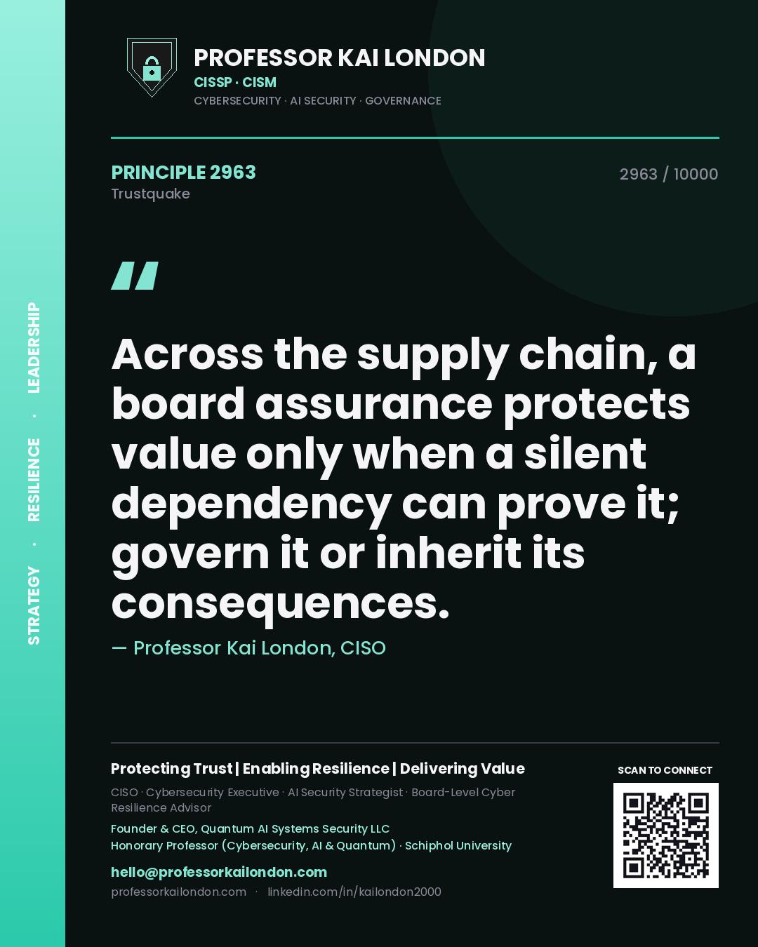 Quote card by Professor Kai London reading 'Across the supply chain, a board assurance protects value only when a silent dependency can prove it; govern it or inherit its consequences.'. From the book Trustquake.