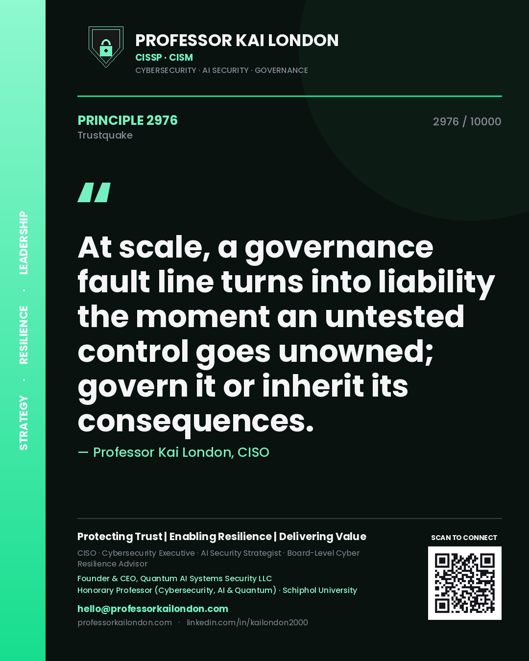Quote card by Professor Kai London reading 'At scale, a governance fault line turns into liability the moment an untested control goes unowned; govern it or inherit its consequences.'. From the book Trustquake.