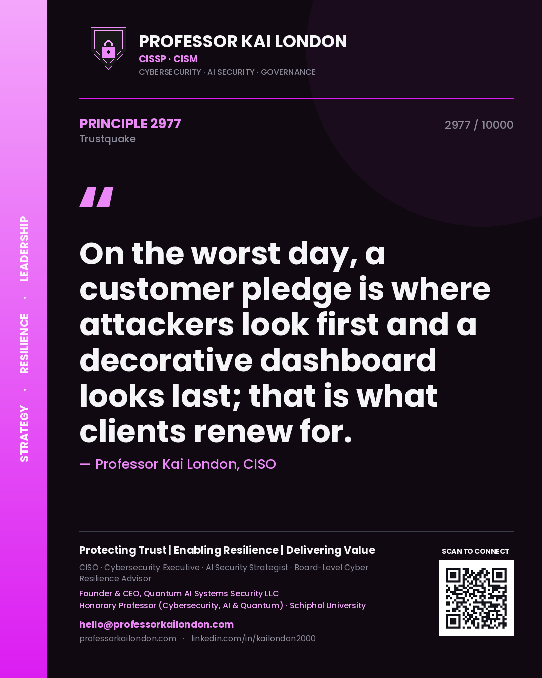 Quote card by Professor Kai London reading 'On the worst day, a customer pledge is where attackers look first and a decorative dashboard looks last; that is what clients renew for.'. From the book Trustquake.