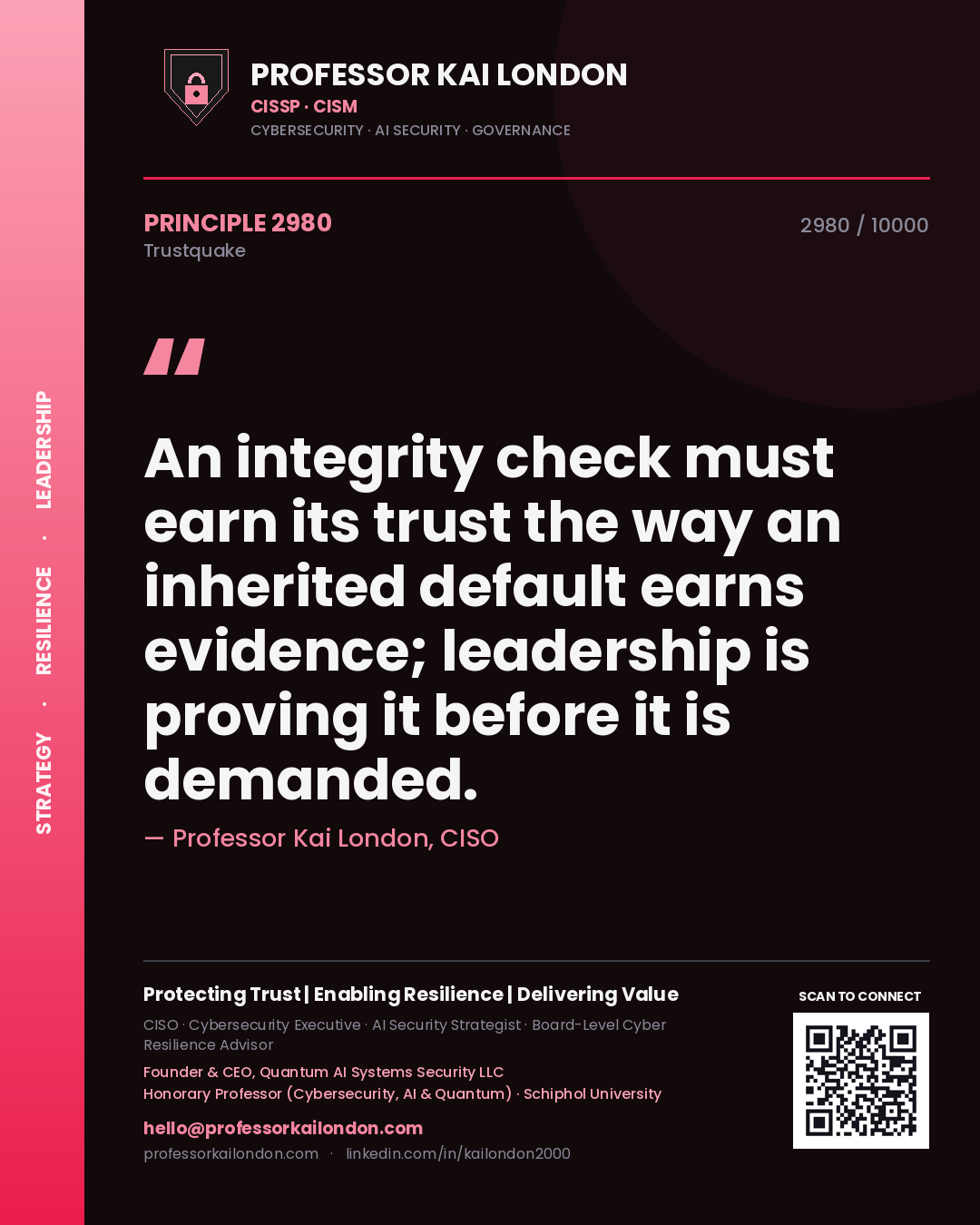 Professor Kai London principle 2980: An integrity check must earn its trust the way an inherited default earns evidence; leadership is proving it before it is demanded.