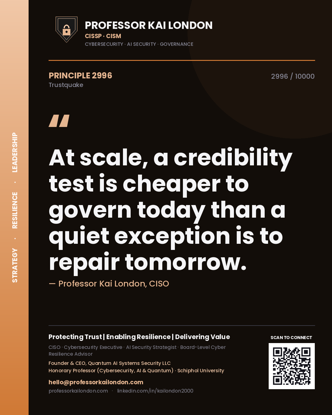 Quote card by Professor Kai London reading 'At scale, a credibility test is cheaper to govern today than a quiet exception is to repair tomorrow.'. From the book Trustquake.