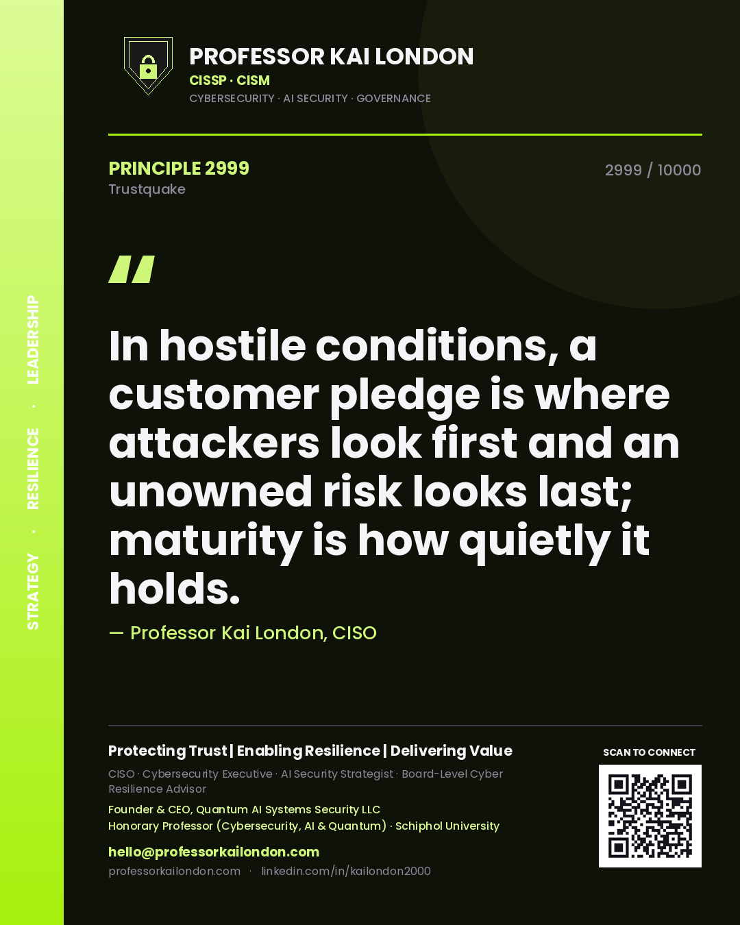 Quote card by Professor Kai London reading 'In hostile conditions, a customer pledge is where attackers look first and an unowned risk looks last; maturity is how quietly it holds.'. From the book Trustquake.