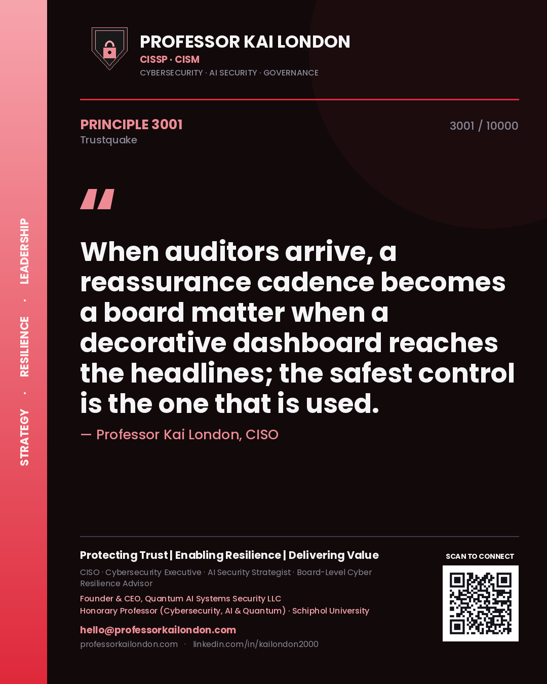 Quote card by Professor Kai London reading 'When auditors arrive, a reassurance cadence becomes a board matter when a decorative dashboard reaches the headlines; the safest control is the one that is used.'. From the book Trustquake.