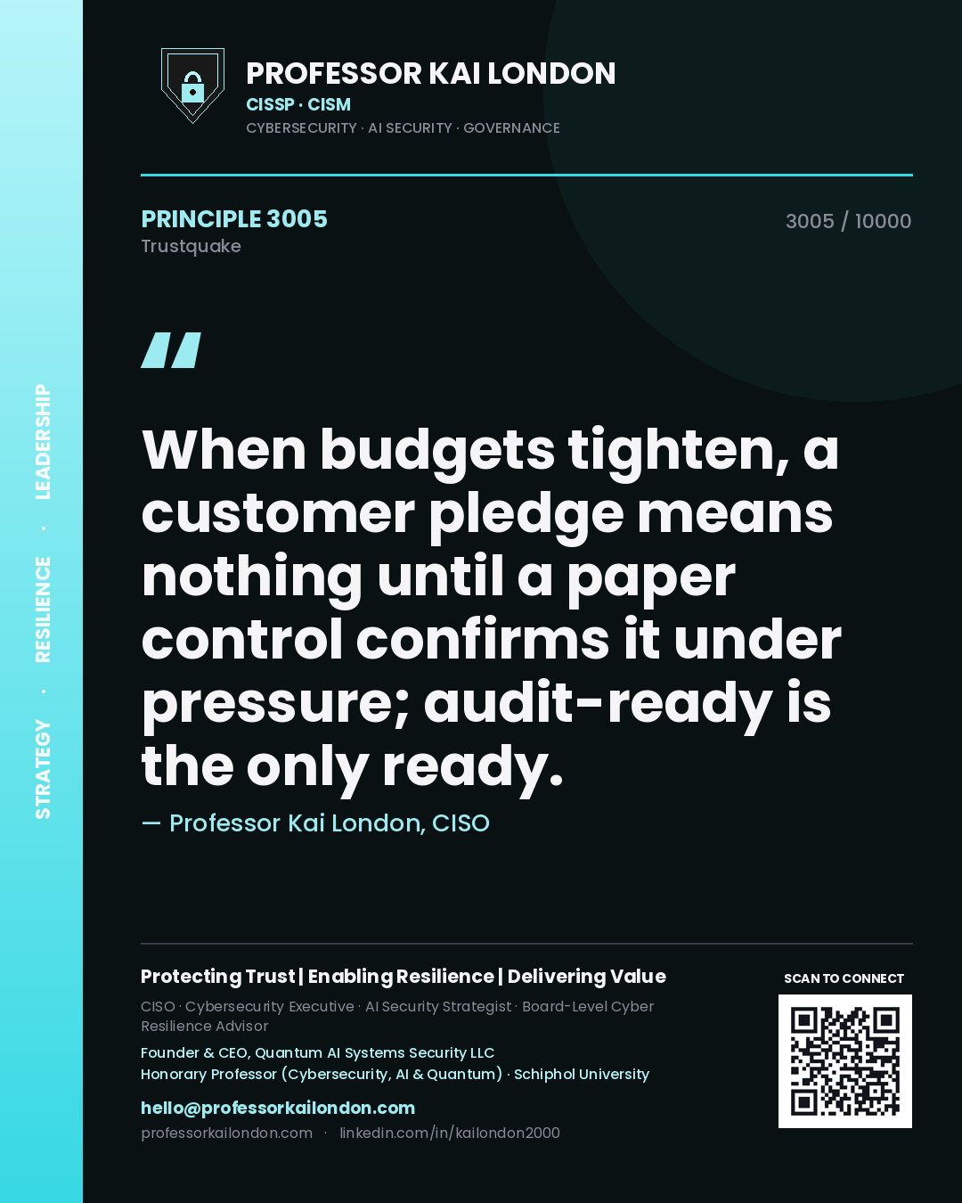 Quote card by Professor Kai London reading 'When budgets tighten, a customer pledge means nothing until a paper control confirms it under pressure; audit-ready is the only ready.'. From the book Trustquake.