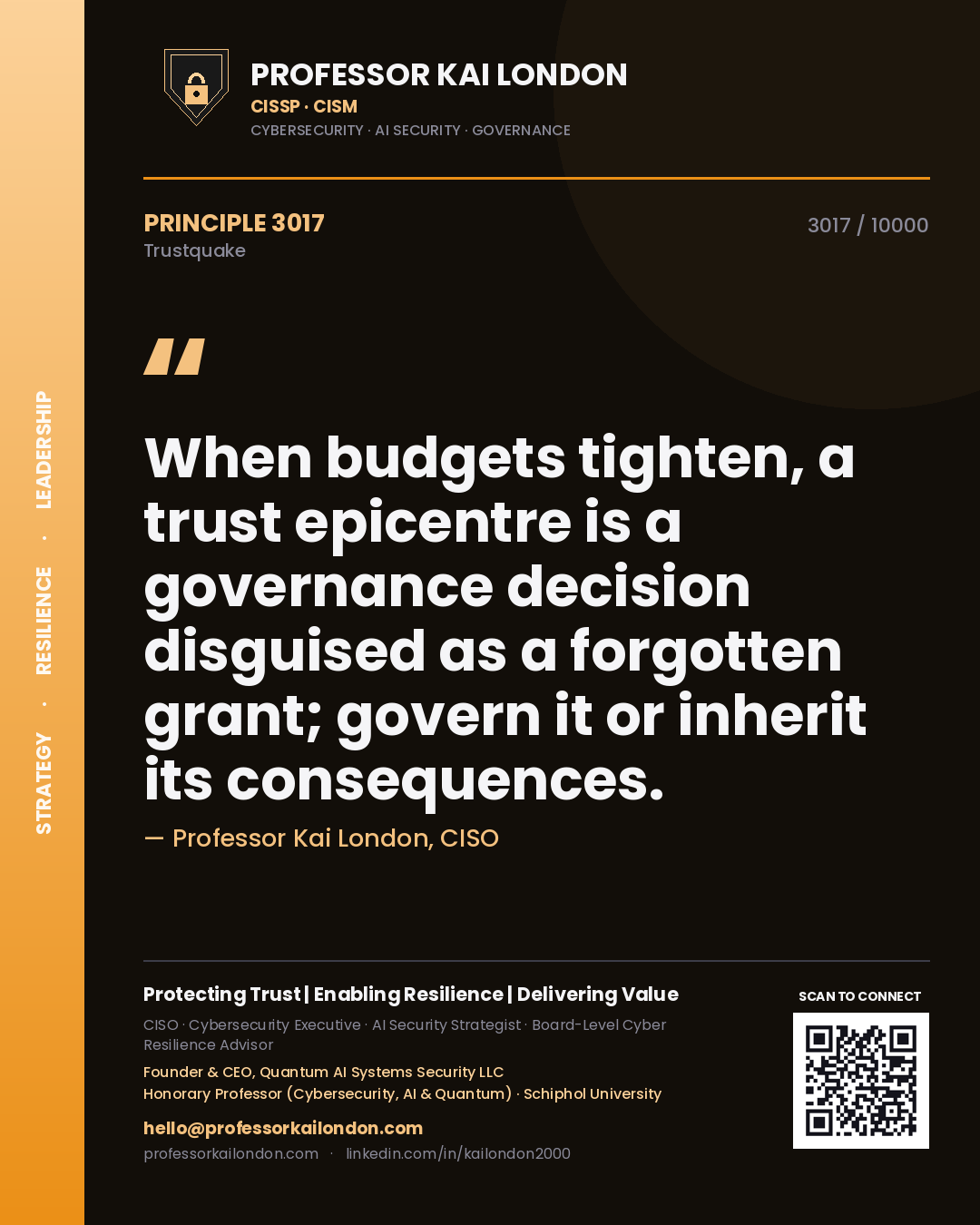 Quote card by Professor Kai London reading 'When budgets tighten, a trust epicentre is a governance decision disguised as a forgotten grant; govern it or inherit its consequences.'. From the book Trustquake.