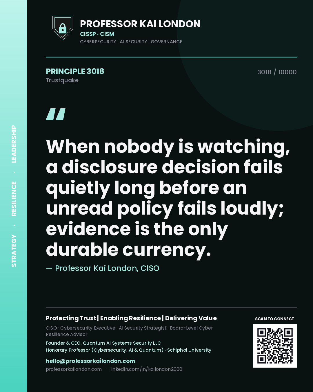 Quote card by Professor Kai London reading 'When nobody is watching, a disclosure decision fails quietly long before an unread policy fails loudly; evidence is the only durable currency.'. From the book Trustquake.