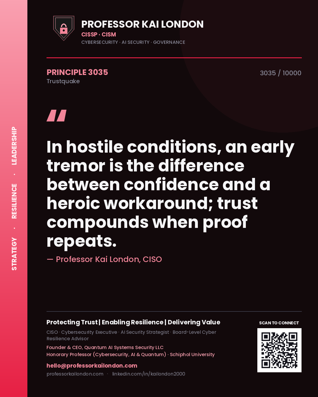 Quote card by Professor Kai London reading 'In hostile conditions, an early tremor is the difference between confidence and a heroic workaround; trust compounds when proof repeats.'. From the book Trustquake.