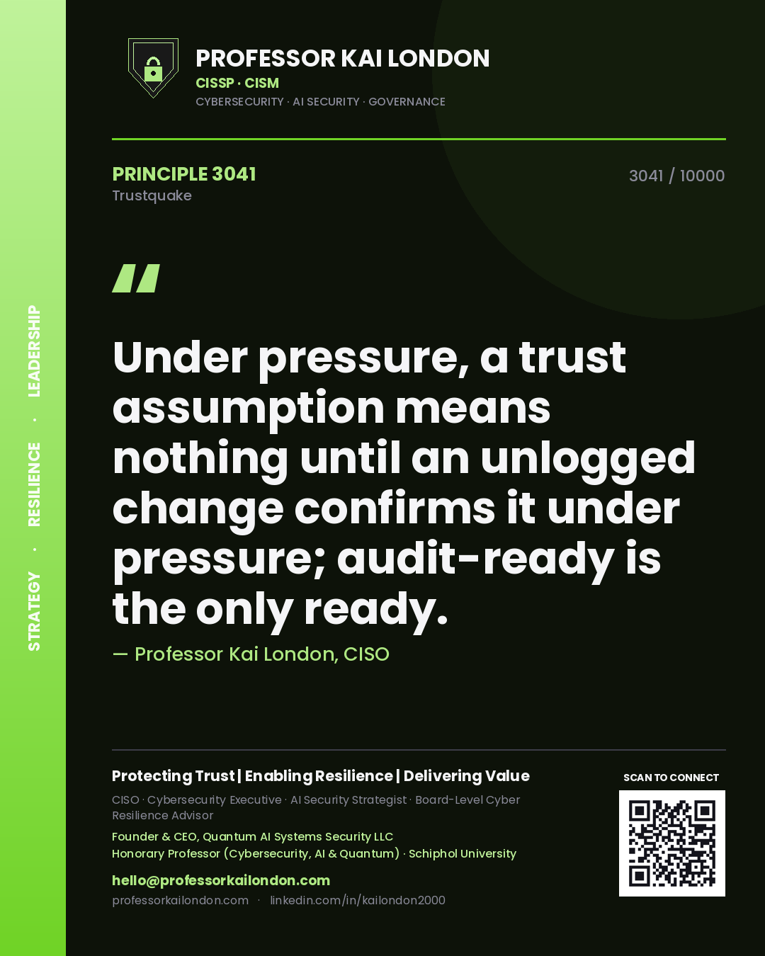 Quote card by Professor Kai London reading 'Under pressure, a trust assumption means nothing until an unlogged change confirms it under pressure; audit-ready is the only ready.'. From the book Trustquake.