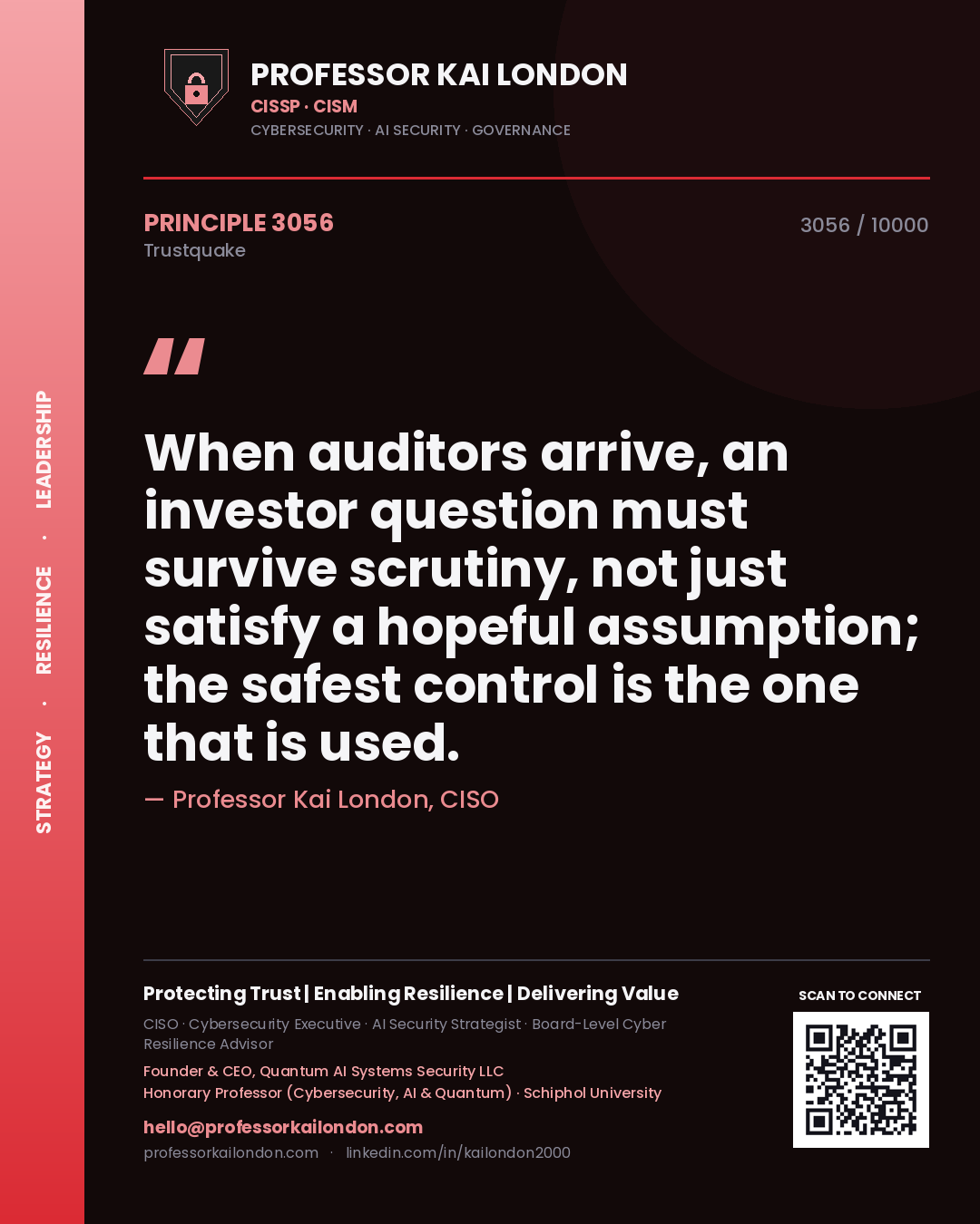 Quote card by Professor Kai London reading 'When auditors arrive, an investor question must survive scrutiny, not just satisfy a hopeful assumption; the safest control is the one that is used.'. From the book Trustquake.