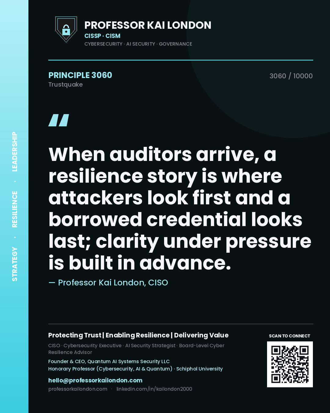 Quote card by Professor Kai London reading 'When auditors arrive, a resilience story is where attackers look first and a borrowed credential looks last; clarity under pressure is built in advance.'. From the book Trustquake.