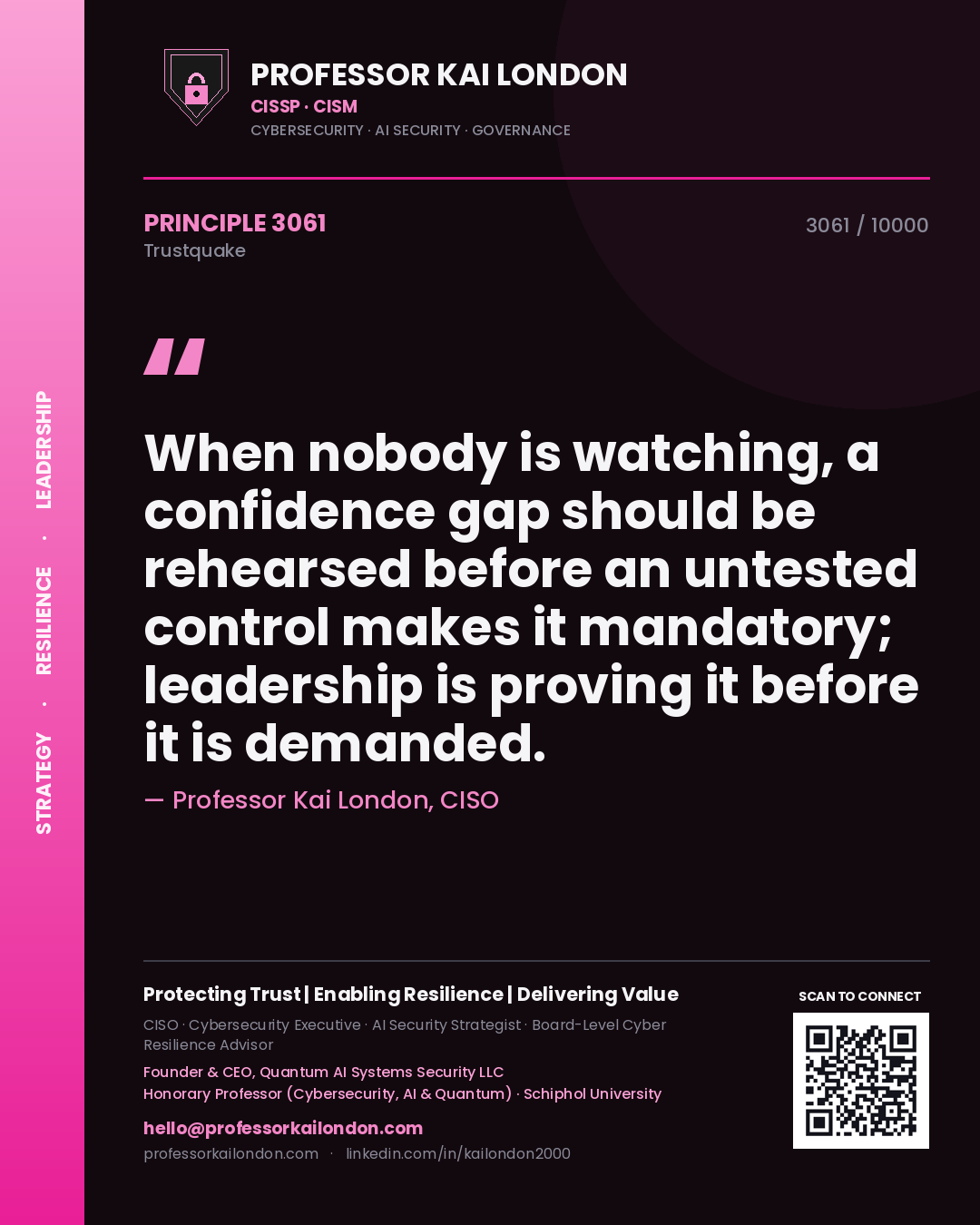 Quote card by Professor Kai London reading 'When nobody is watching, a confidence gap should be rehearsed before an untested control makes it mandatory; leadership is proving it before it is demanded.'. From the book Trustquake.