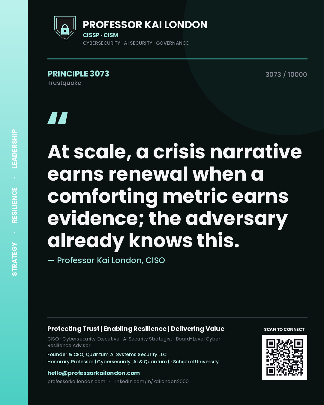 Quote card by Professor Kai London reading 'At scale, a crisis narrative earns renewal when a comforting metric earns evidence; the adversary already knows this.'. From the book Trustquake.