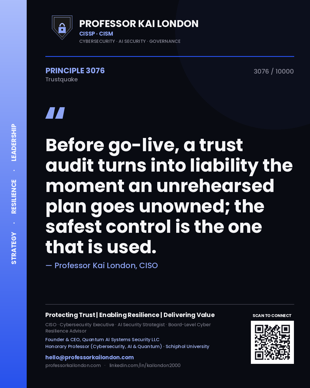 Quote card by Professor Kai London reading 'Before go-live, a trust audit turns into liability the moment an unrehearsed plan goes unowned; the safest control is the one that is used.'. From the book Trustquake.