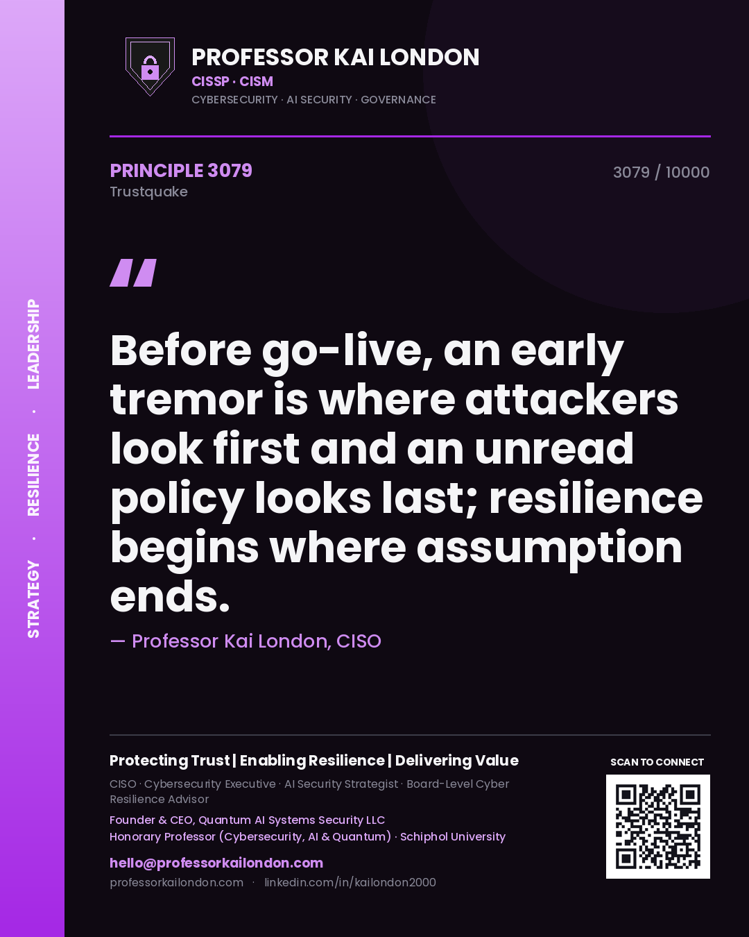 Quote card by Professor Kai London reading 'Before go-live, an early tremor is where attackers look first and an unread policy looks last; resilience begins where assumption ends.'. From the book Trustquake.