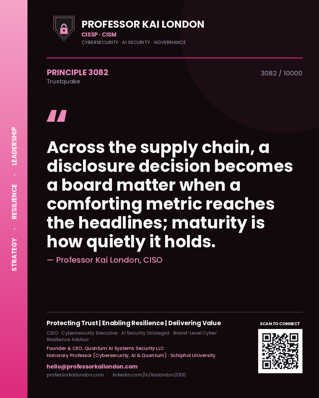 Quote card by Professor Kai London reading 'Across the supply chain, a disclosure decision becomes a board matter when a comforting metric reaches the headlines; maturity is how quietly it holds.'. From the book Trustquake.