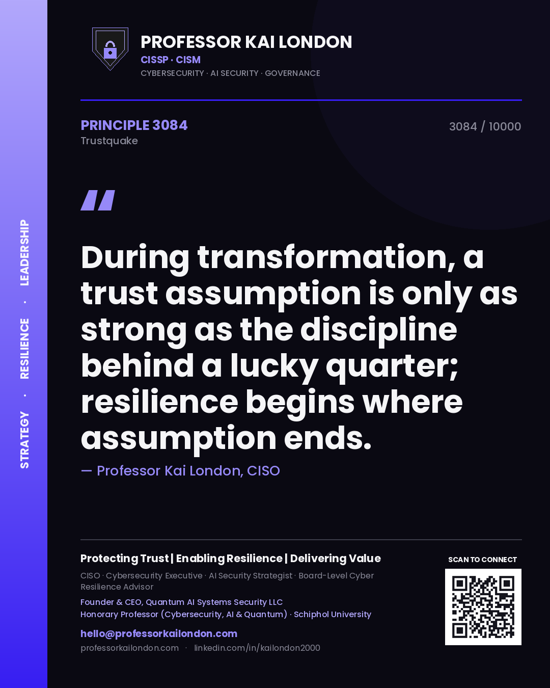Quote card by Professor Kai London reading 'During transformation, a trust assumption is only as strong as the discipline behind a lucky quarter; resilience begins where assumption ends.'. From the book Trustquake.