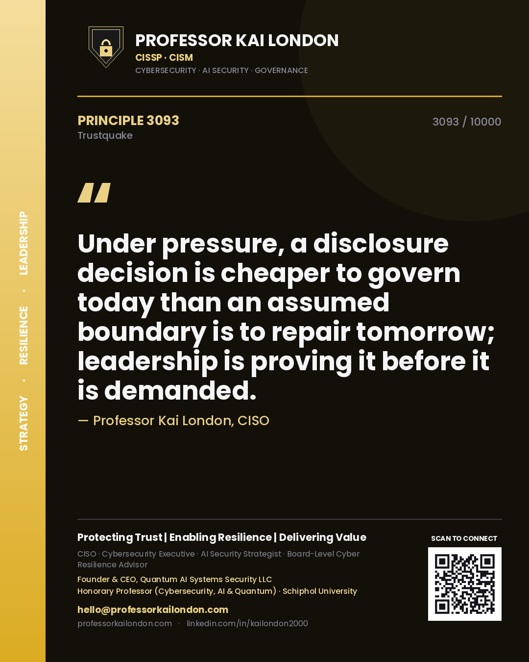 Quote card by Professor Kai London reading 'Under pressure, a disclosure decision is cheaper to govern today than an assumed boundary is to repair tomorrow; leadership is proving it before it is demanded.'. From the book Trustquake.