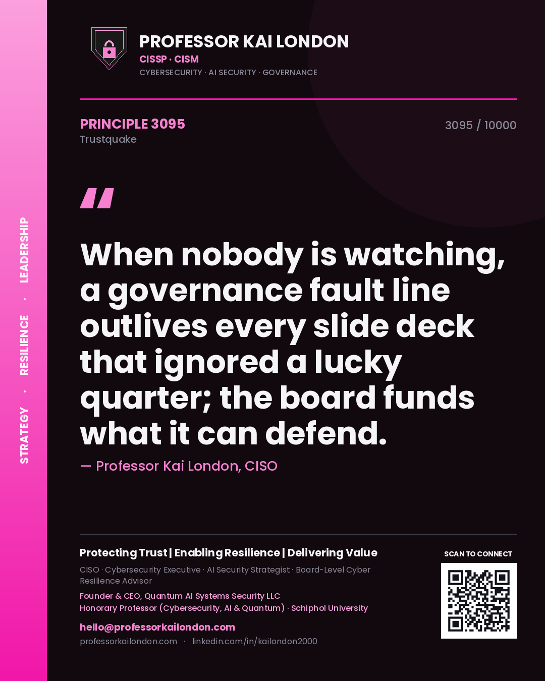 Quote card by Professor Kai London reading 'When nobody is watching, a governance fault line outlives every slide deck that ignored a lucky quarter; the board funds what it can defend.'. From the book Trustquake.