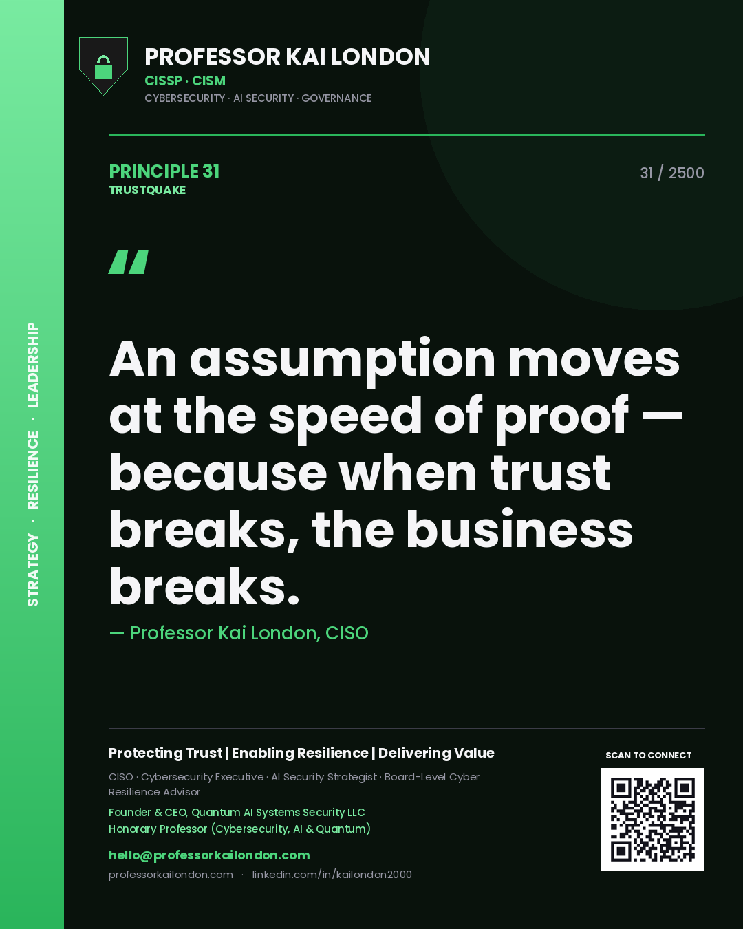 Quote card by Professor Kai London reading 'An assumption moves at the speed of proof — because when trust breaks, the business breaks.'. From the book Trustquake.