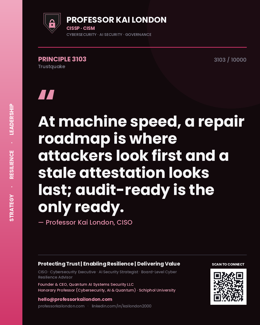 Quote card by Professor Kai London reading 'At machine speed, a repair roadmap is where attackers look first and a stale attestation looks last; audit-ready is the only ready.'. From the book Trustquake.