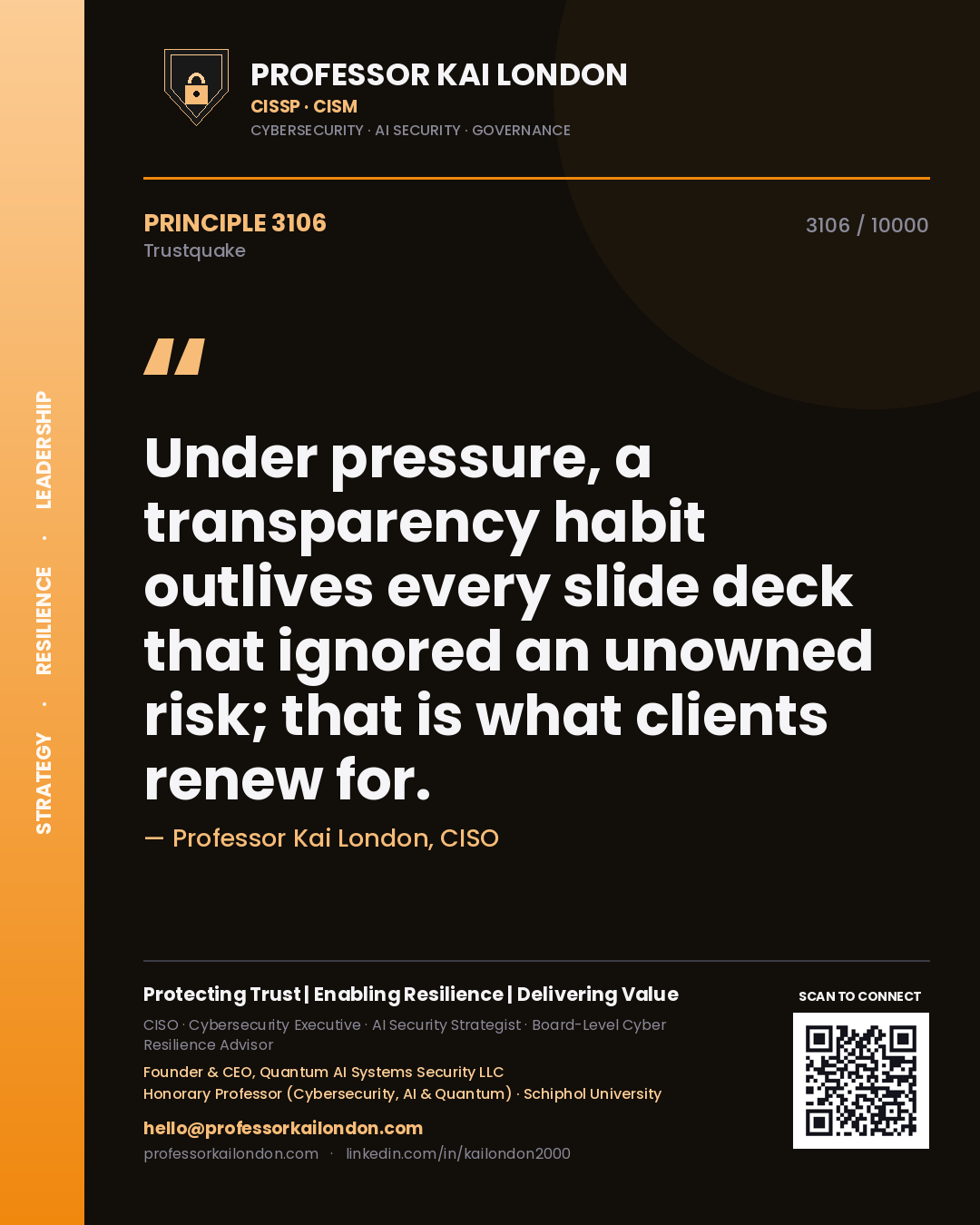 Quote card by Professor Kai London reading 'Under pressure, a transparency habit outlives every slide deck that ignored an unowned risk; that is what clients renew for.'. From the book Trustquake.