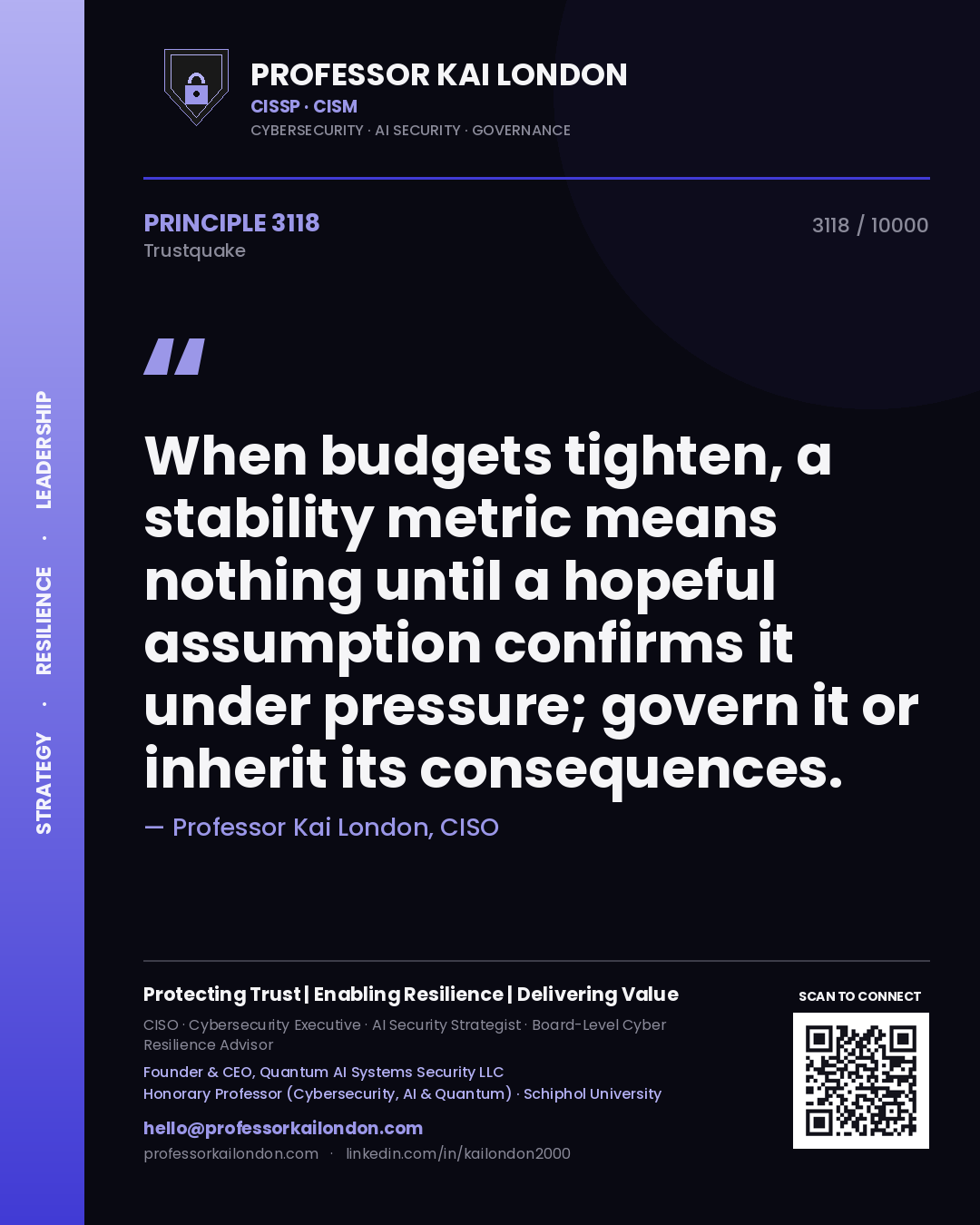 Quote card by Professor Kai London reading 'When budgets tighten, a stability metric means nothing until a hopeful assumption confirms it under pressure; govern it or inherit its consequences.'. From the book Trustquake.
