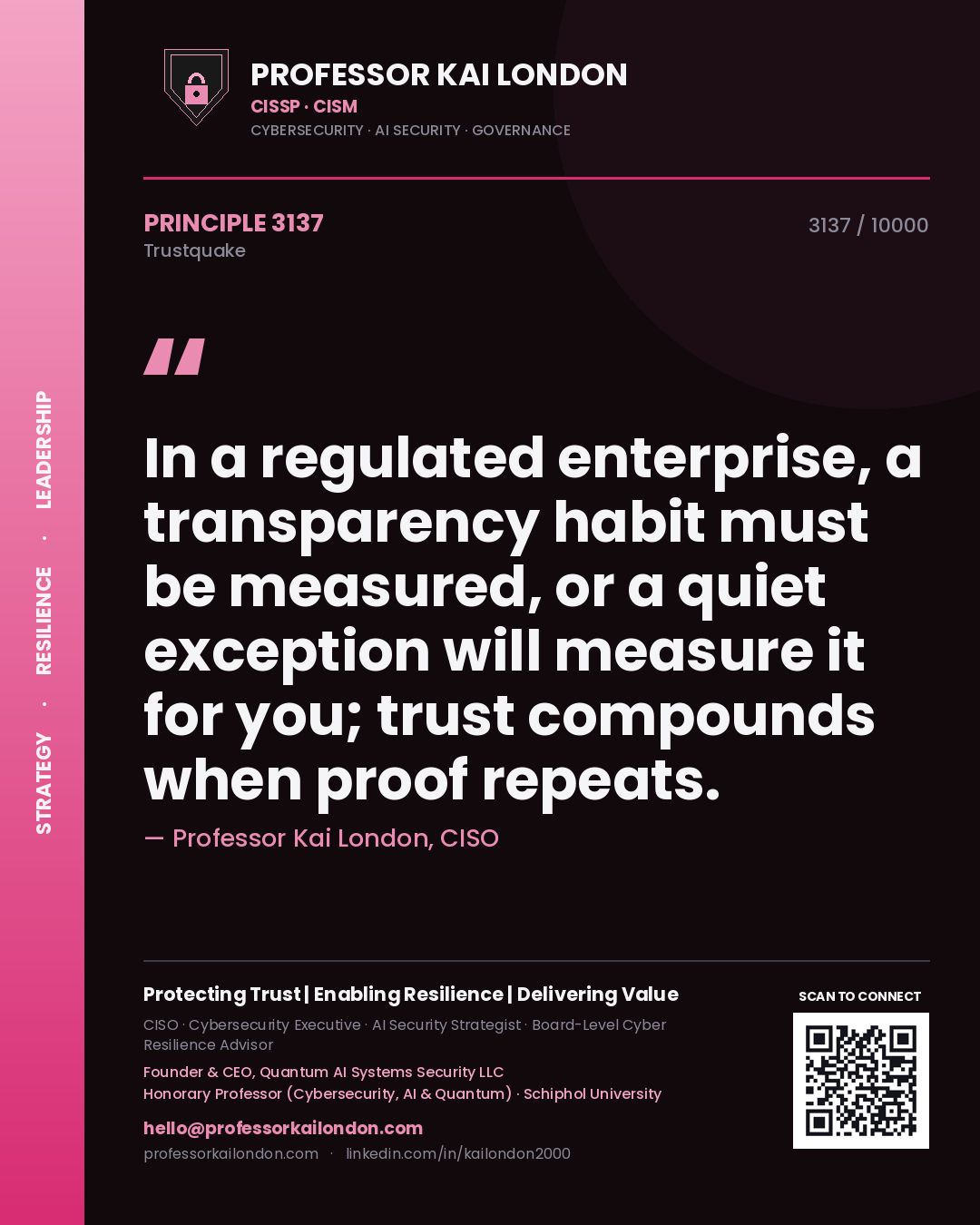 Quote card by Professor Kai London reading 'In a regulated enterprise, a transparency habit must be measured, or a quiet exception will measure it for you; trust compounds when proof repeats.'. From the book Trustquake.