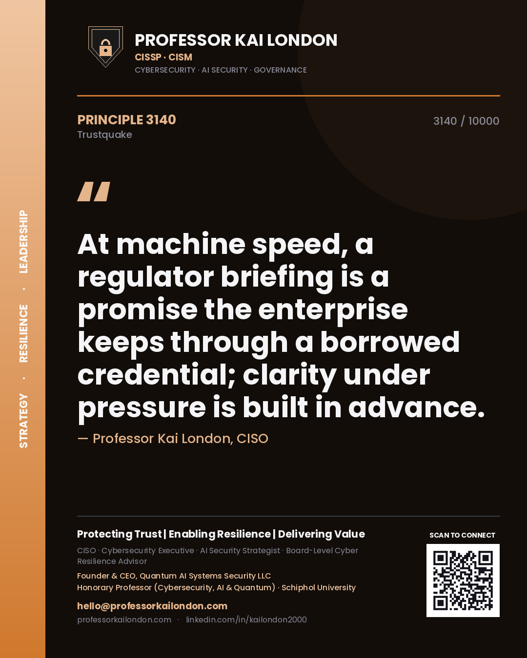 Quote card by Professor Kai London reading 'At machine speed, a regulator briefing is a promise the enterprise keeps through a borrowed credential; clarity under pressure is built in advance.'. From the book Trustquake.