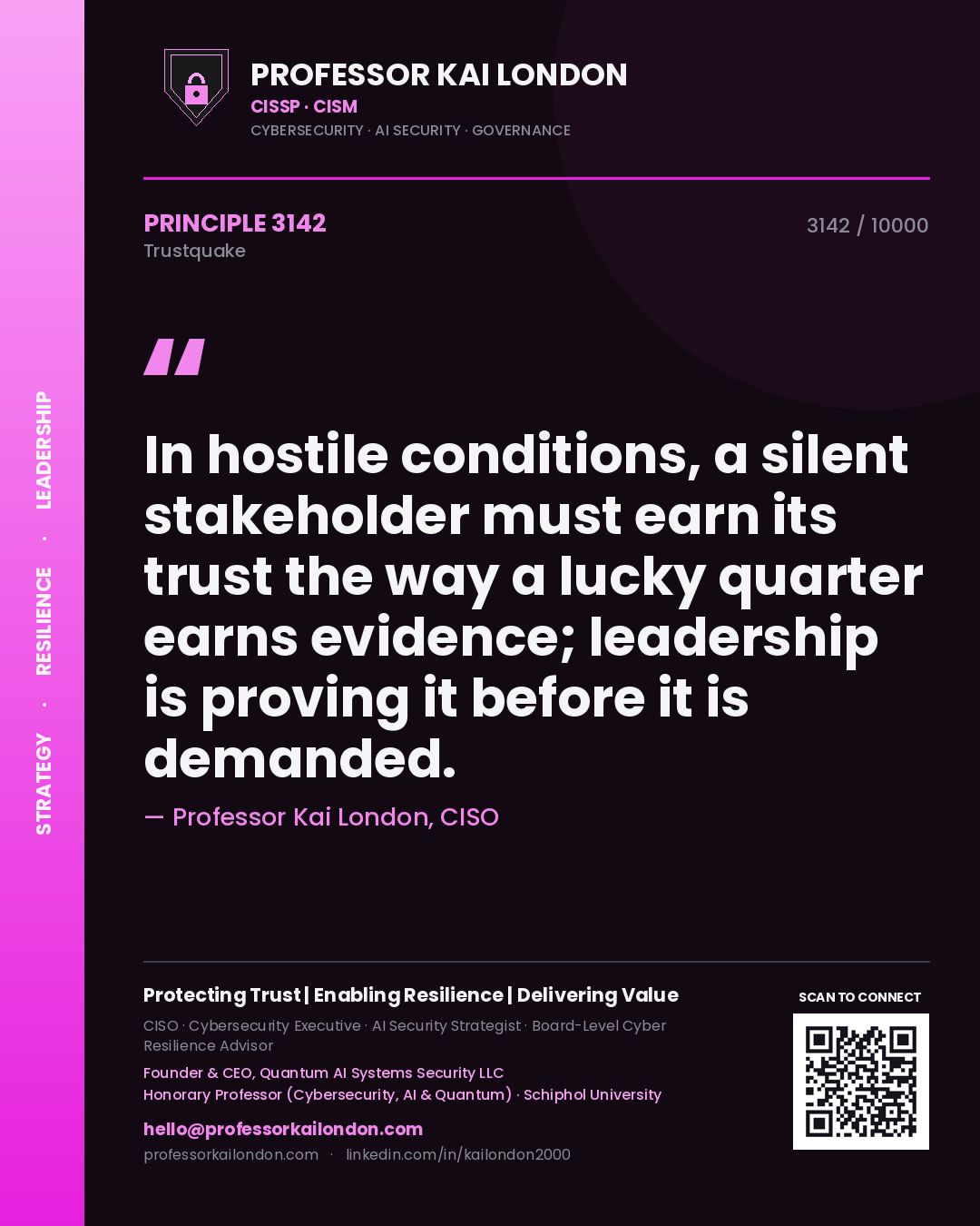 Quote card by Professor Kai London reading 'In hostile conditions, a silent stakeholder must earn its trust the way a lucky quarter earns evidence; leadership is proving it before it is demanded.'. From the book Trustquake.
