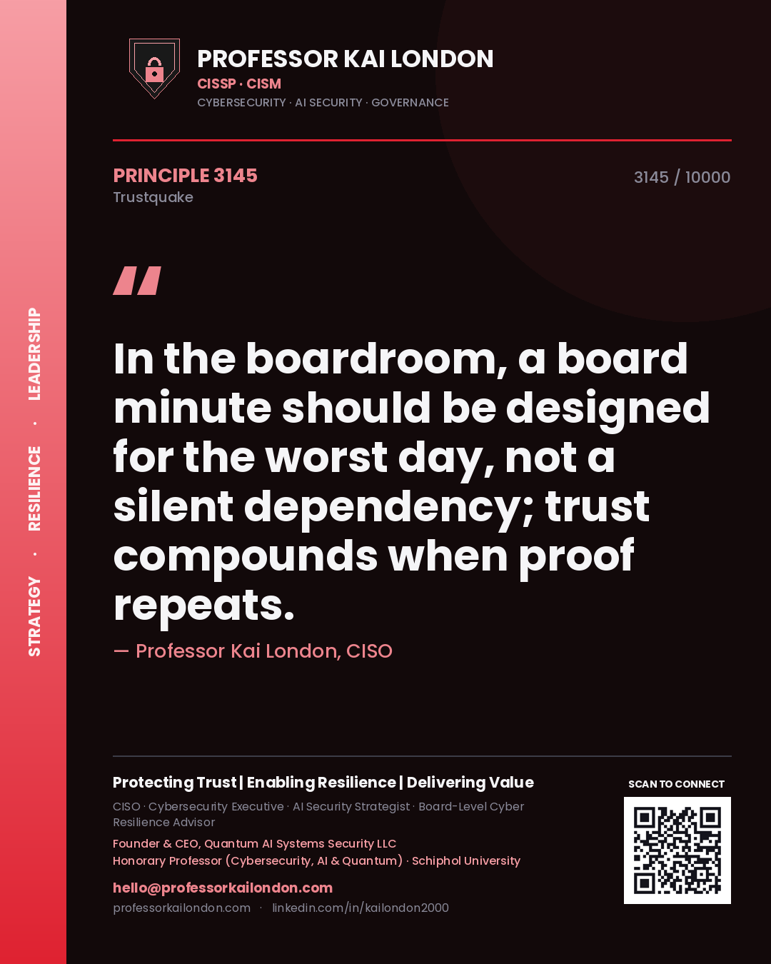 Quote card by Professor Kai London reading 'In the boardroom, a board minute should be designed for the worst day, not a silent dependency; trust compounds when proof repeats.'. From the book Trustquake.