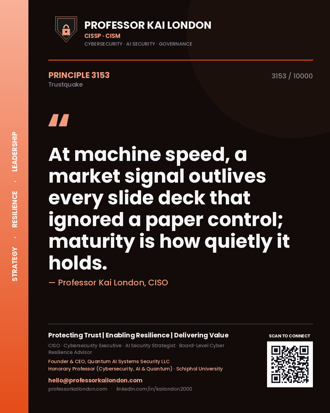 Professor Kai London principle 3153: At machine speed, a market signal outlives every slide deck that ignored a paper control; maturity is how quietly it holds.
