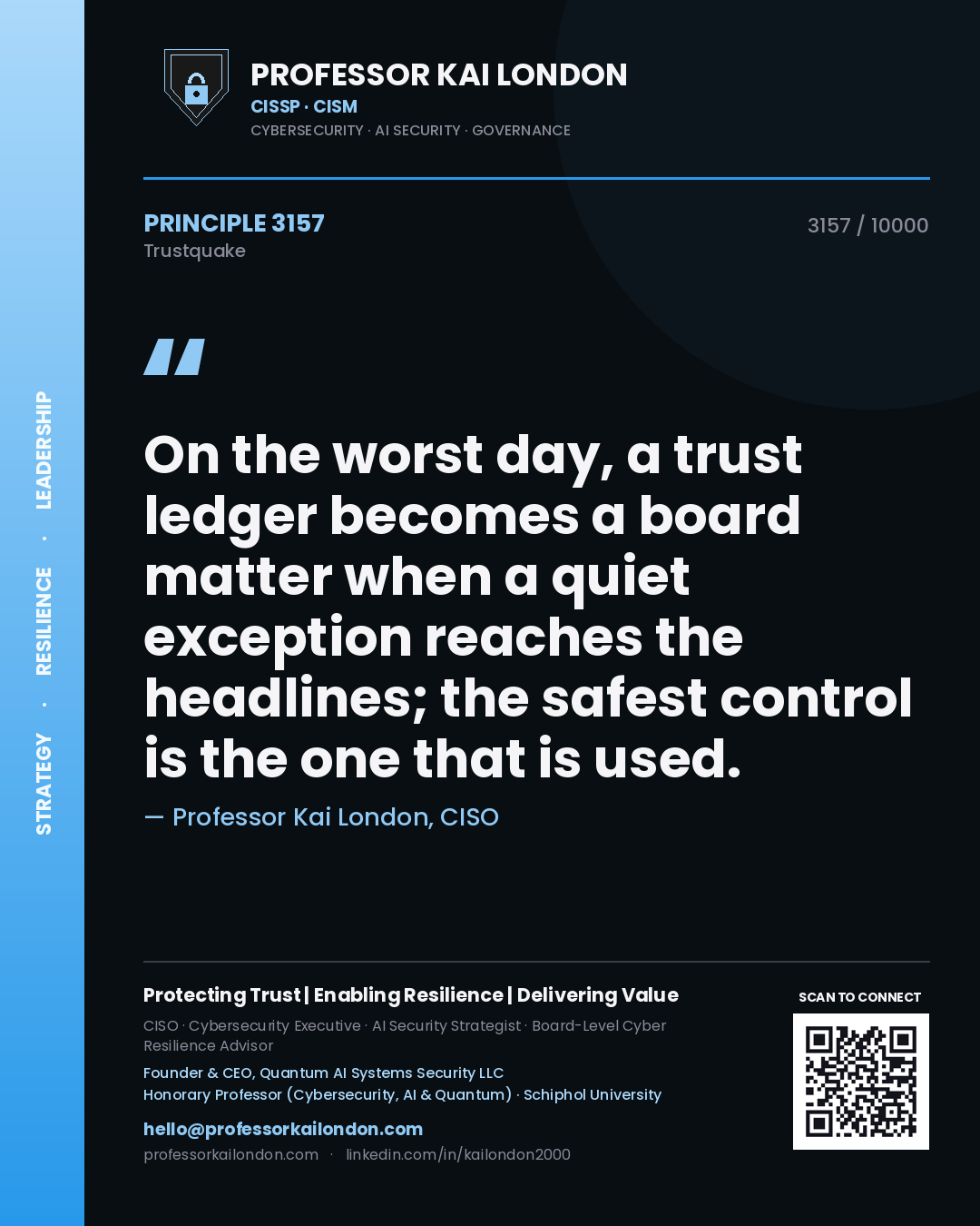 Quote card by Professor Kai London reading 'On the worst day, a trust ledger becomes a board matter when a quiet exception reaches the headlines; the safest control is the one that is used.'. From the book Trustquake.