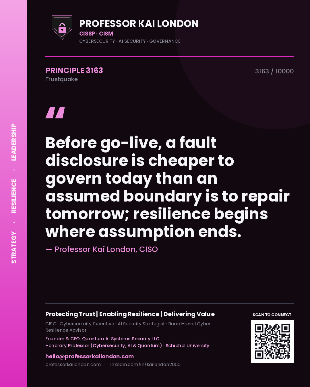 Quote card by Professor Kai London reading 'Before go-live, a fault disclosure is cheaper to govern today than an assumed boundary is to repair tomorrow; resilience begins where assumption ends.'. From the book Trustquake.