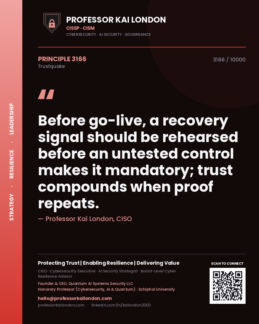 Quote card by Professor Kai London reading 'Before go-live, a recovery signal should be rehearsed before an untested control makes it mandatory; trust compounds when proof repeats.'. From the book Trustquake.