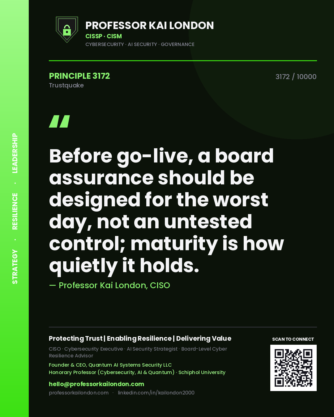 Quote card by Professor Kai London reading 'Before go-live, a board assurance should be designed for the worst day, not an untested control; maturity is how quietly it holds.'. From the book Trustquake.