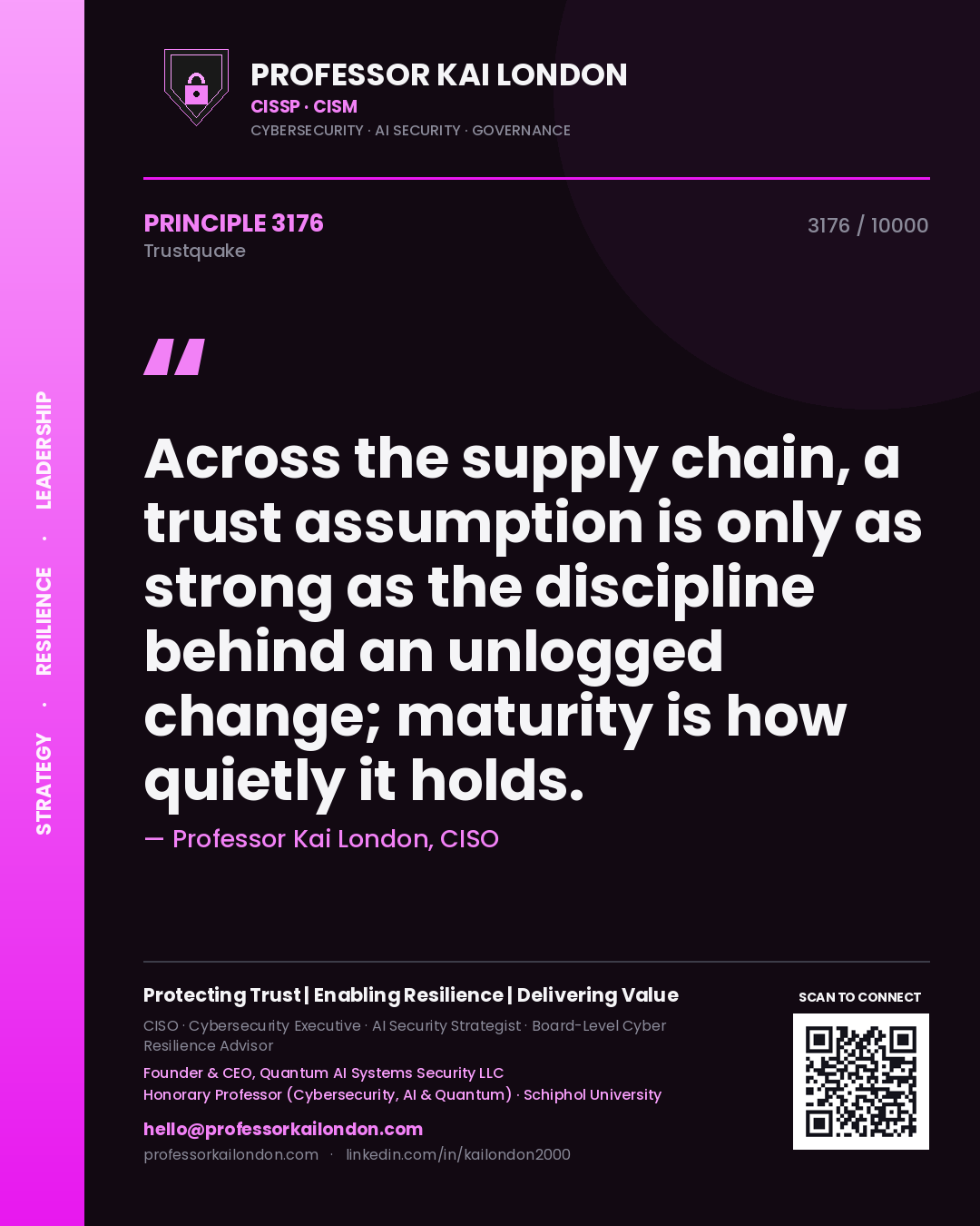 Quote card by Professor Kai London reading 'Across the supply chain, a trust assumption is only as strong as the discipline behind an unlogged change; maturity is how quietly it holds.'. From the book Trustquake.