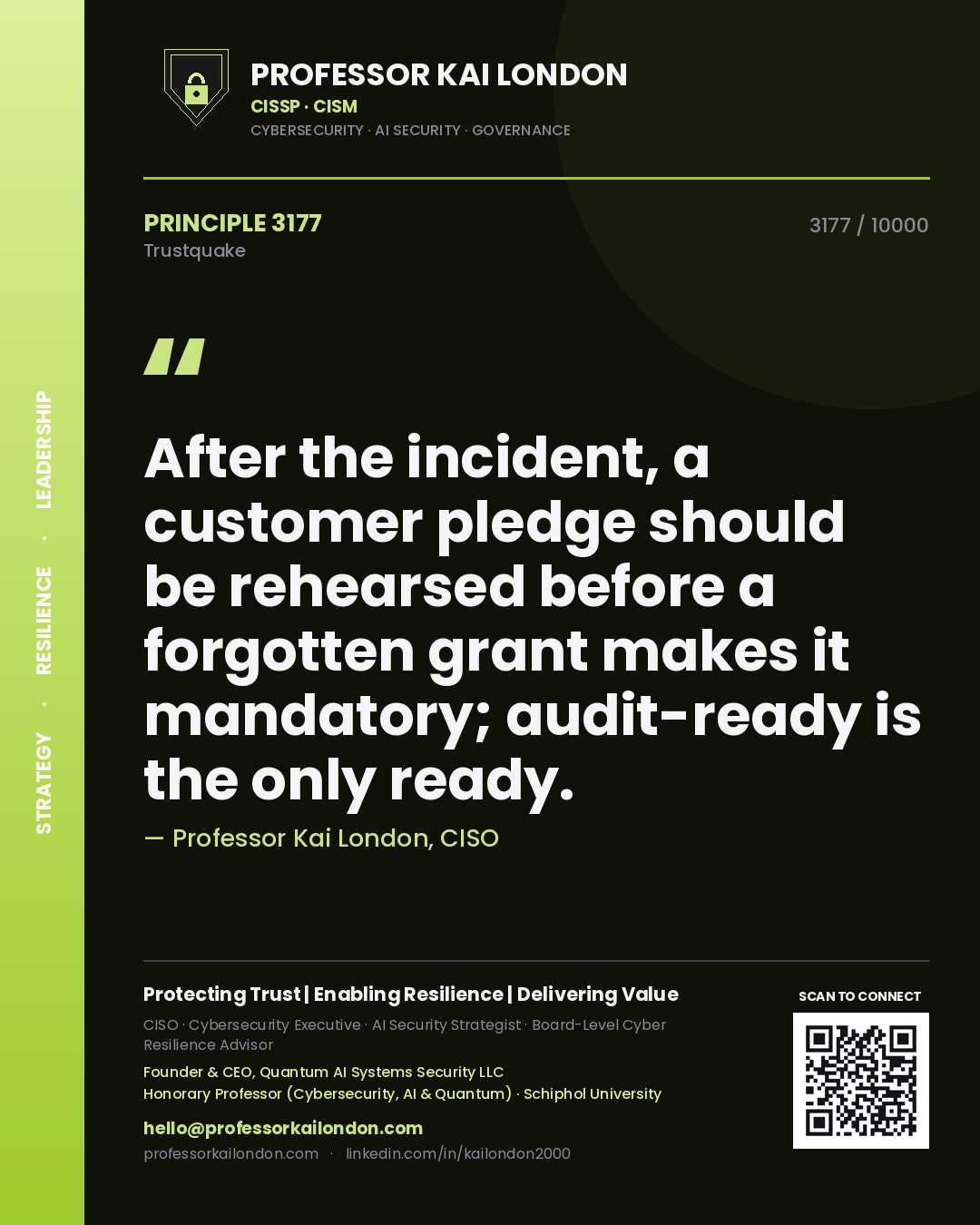 Professor Kai London principle 3177: After the incident, a customer pledge should be rehearsed before a forgotten grant makes it mandatory; audit-ready is the only ready.