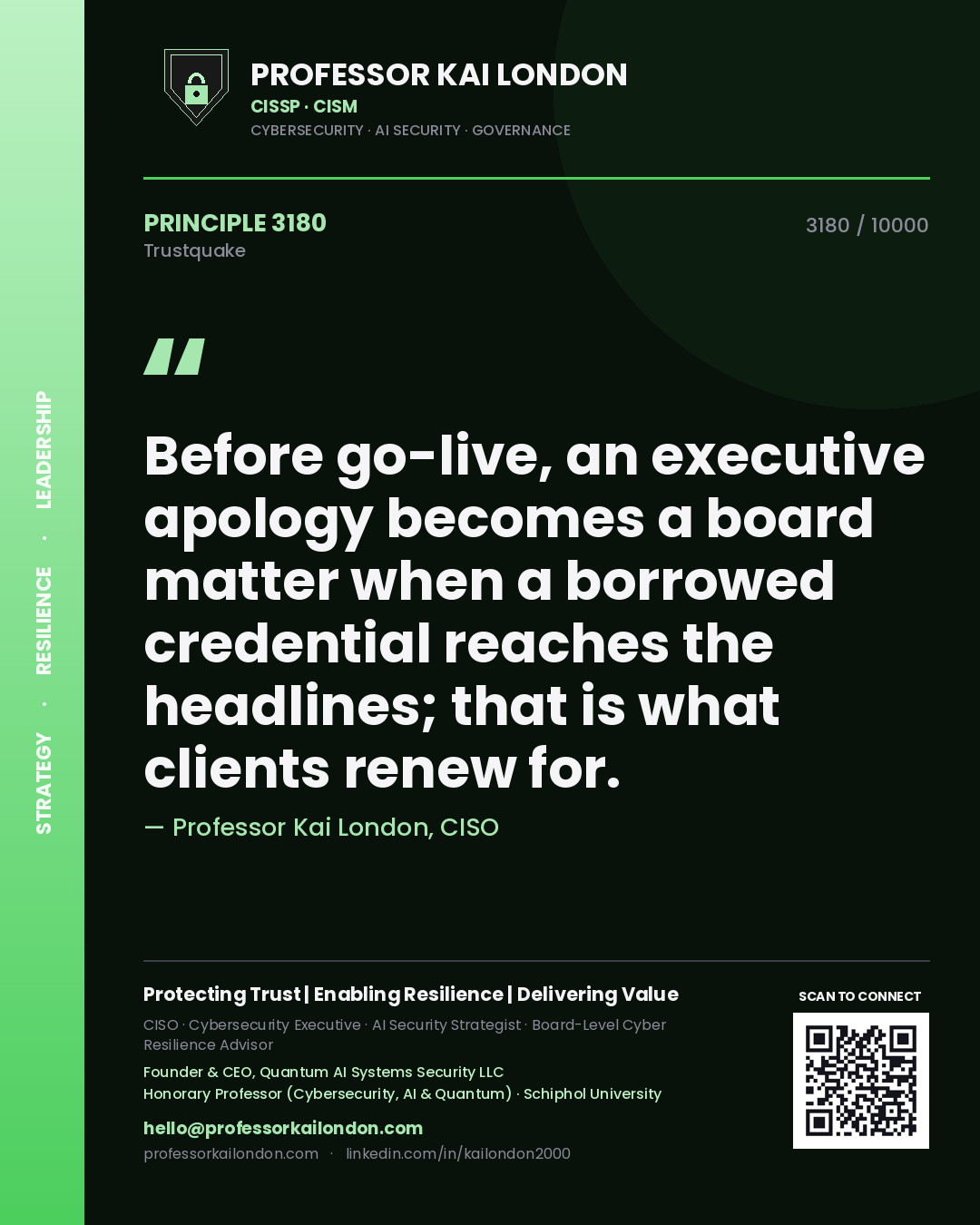 Quote card by Professor Kai London reading 'Before go-live, an executive apology becomes a board matter when a borrowed credential reaches the headlines; that is what clients renew for.'. From the book Trustquake.
