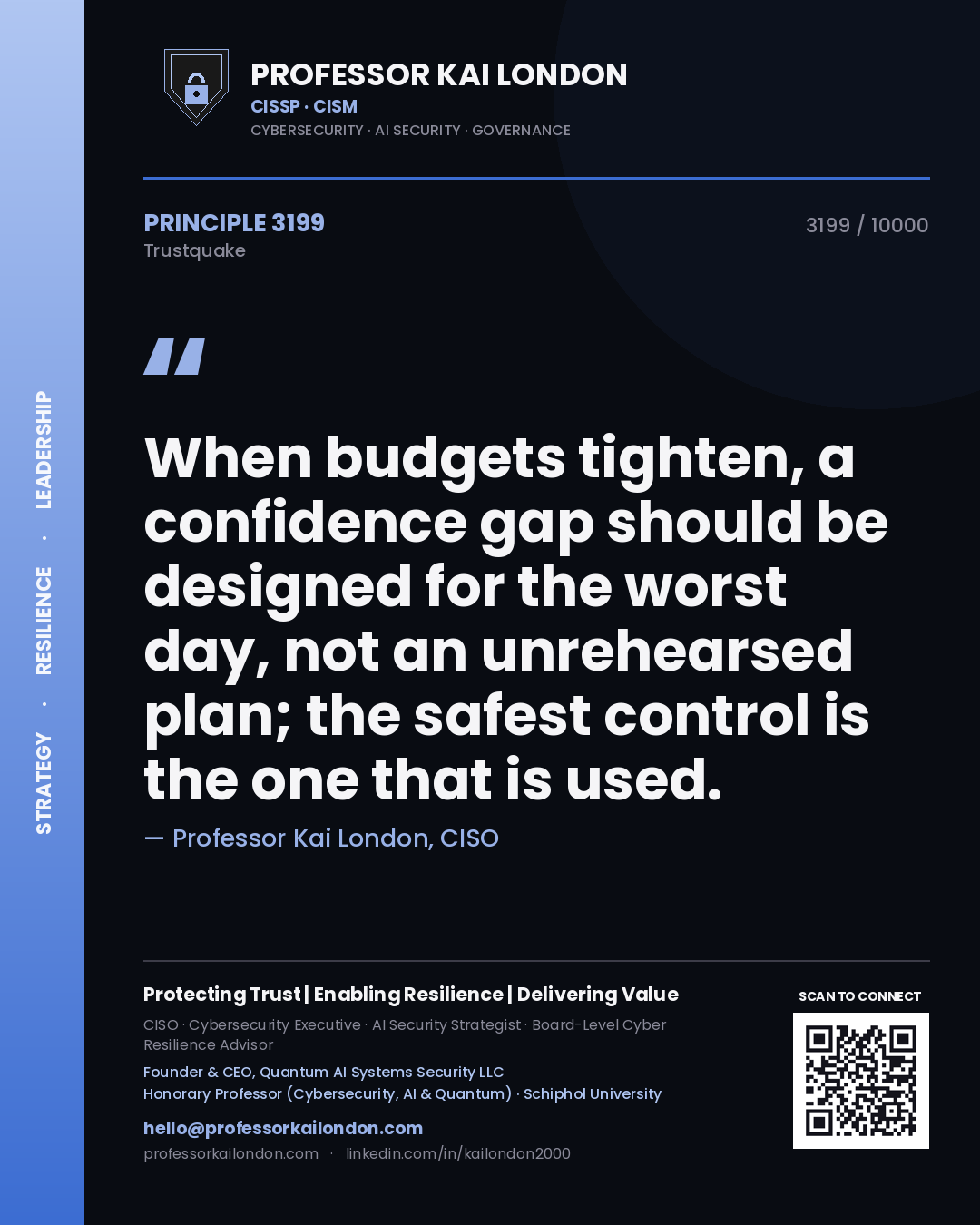 Quote card by Professor Kai London reading 'When budgets tighten, a confidence gap should be designed for the worst day, not an unrehearsed plan; the safest control is the one that is used.'. From the book Trustquake.