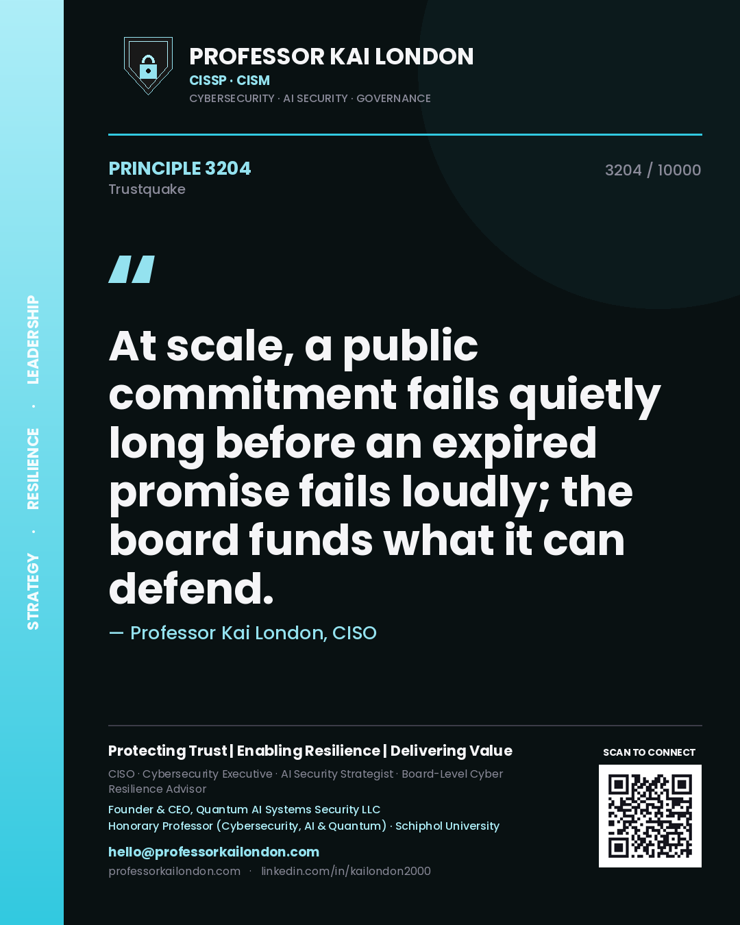 Professor Kai London principle 3204: At scale, a public commitment fails quietly long before an expired promise fails loudly; the board funds what it can defend.