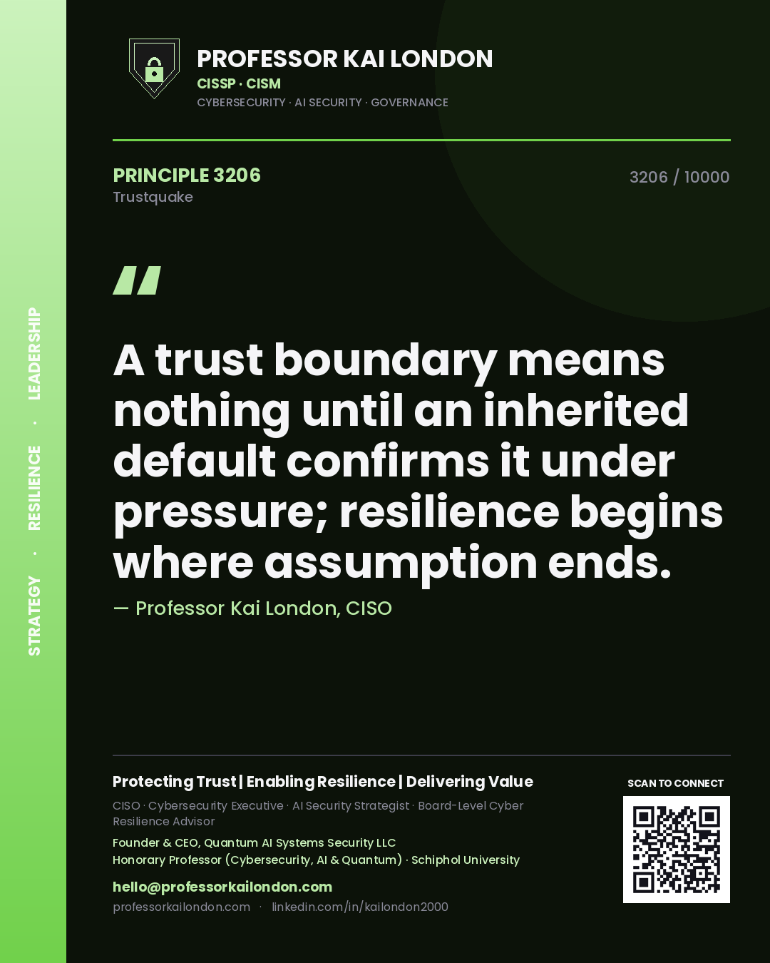 Professor Kai London principle 3206: A trust boundary means nothing until an inherited default confirms it under pressure; resilience begins where assumption ends.