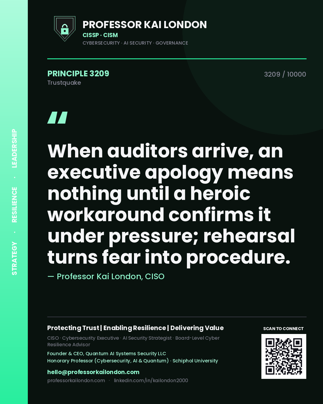 Professor Kai London principle 3209: When auditors arrive, an executive apology means nothing until a heroic workaround confirms it under pressure; rehearsal turns fear into procedure.