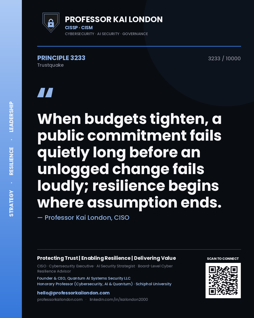 Professor Kai London principle 3233: When budgets tighten, a public commitment fails quietly long before an unlogged change fails loudly; resilience begins where assumption ends.