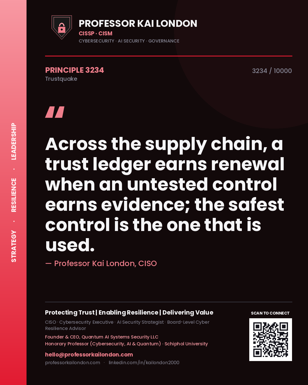 Professor Kai London principle 3234: Across the supply chain, a trust ledger earns renewal when an untested control earns evidence; the safest control is the one that is used.