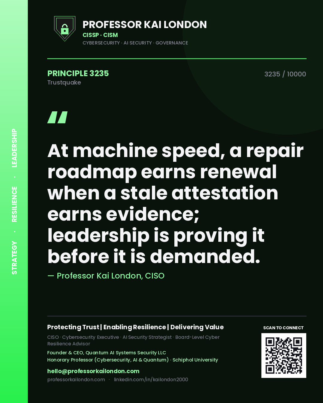 Quote card by Professor Kai London reading 'At machine speed, a repair roadmap earns renewal when a stale attestation earns evidence; leadership is proving it before it is demanded.'. From the book Trustquake.
